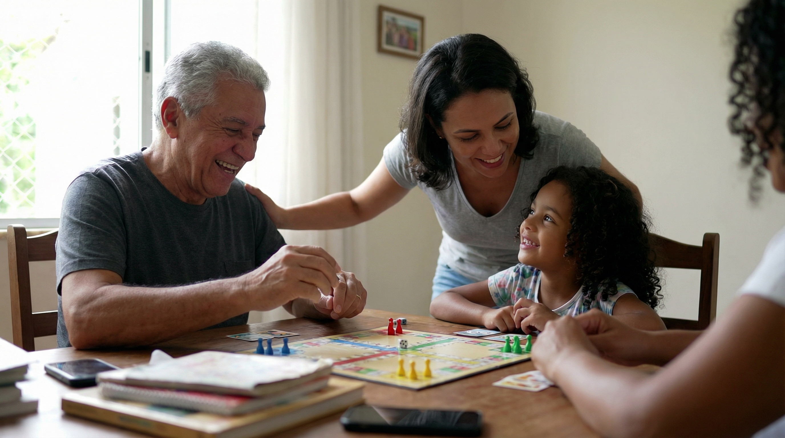 Família de diferentes gerações brincando com brinquedos clássicos e modernos